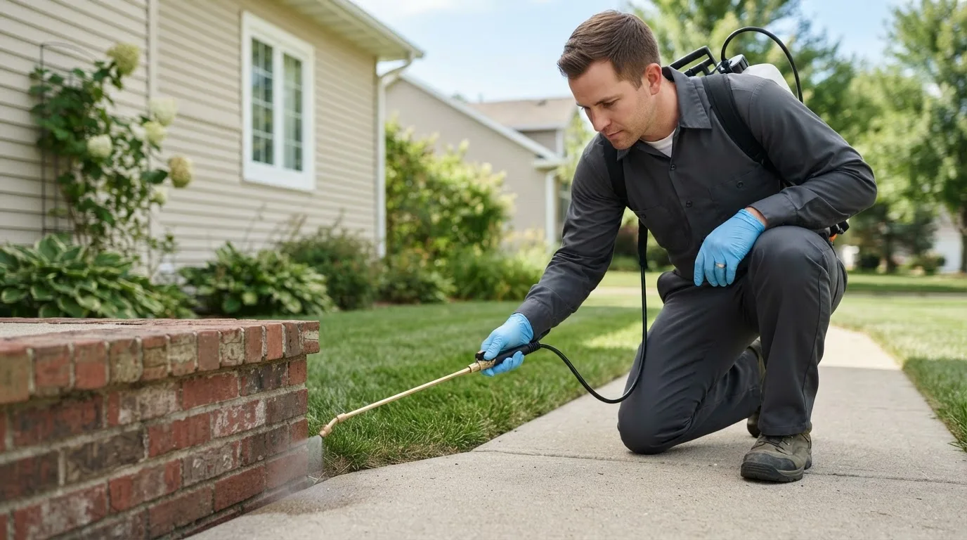 Pest control technician treating a home near Joint Base Mdl, NJ